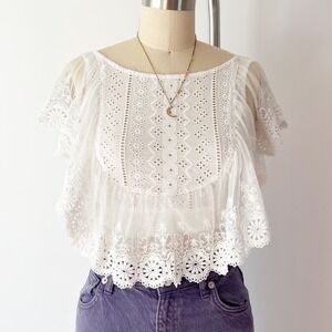 Altar'd State Aurelia Crop Top White Eyelet Lace Mesh Smocked Back Tassel XS
